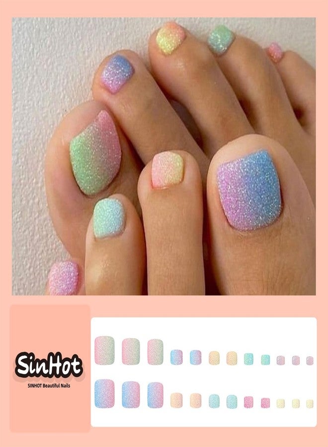 SINHOT Colorful Press onToenails Matte Fake Toe Nails Glue on Toenails Rainbow Acrylic Toe Fake Nails Supplies False Toenails Art with Design Full Cover Press-on Sparkly ToeNails DIY 24pcs - Image 4